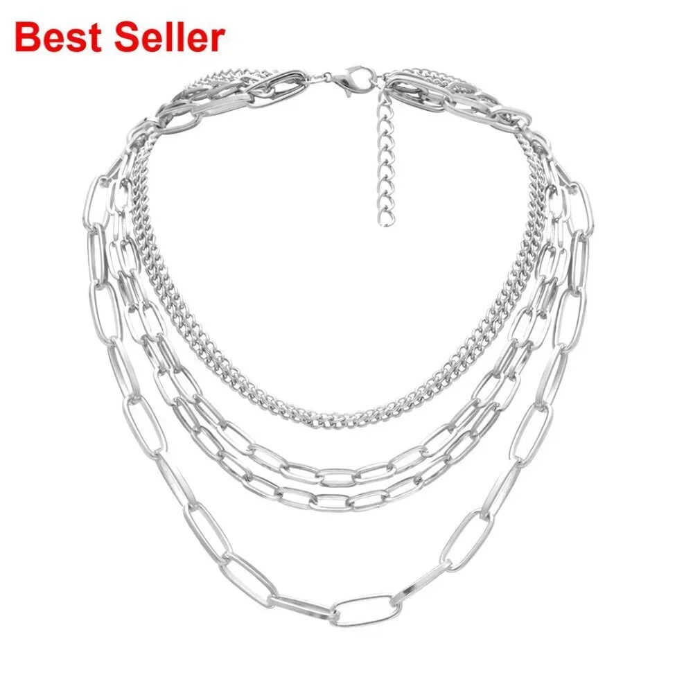 Layered Chain Necklaces Gold Plated Paperclip Chain Silver Tone Choker Punk